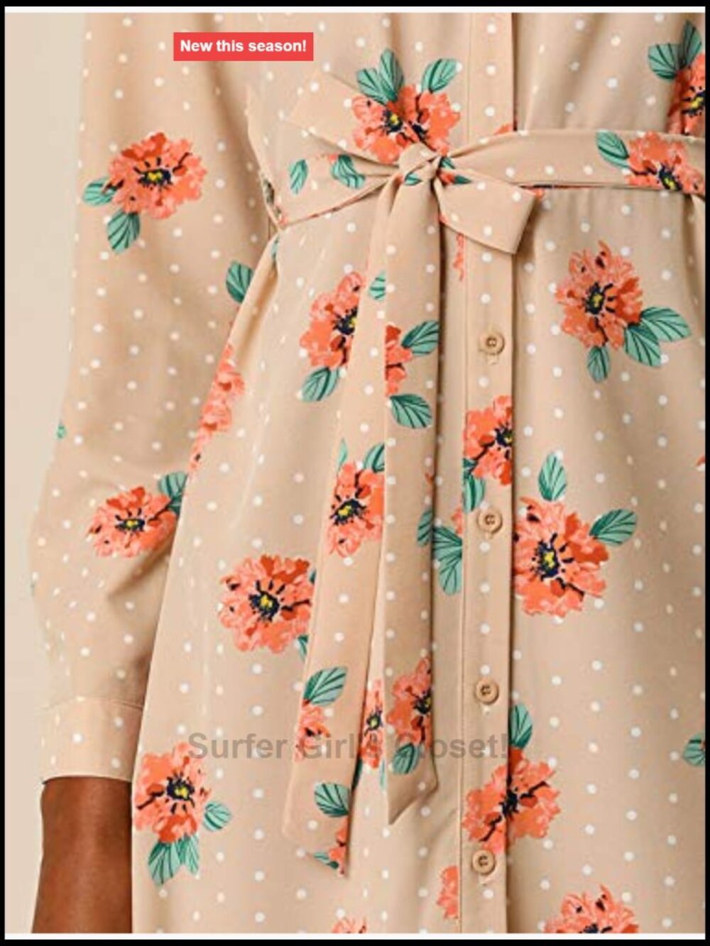 Vintage Polka Dot Floral Print Shirt Dress Long Sleeve Tie Belt - Picture 6 of 6